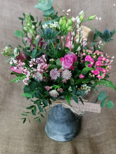 Zinc Jug - A beautiful hand tied arrangement in a rustic zinc jug.